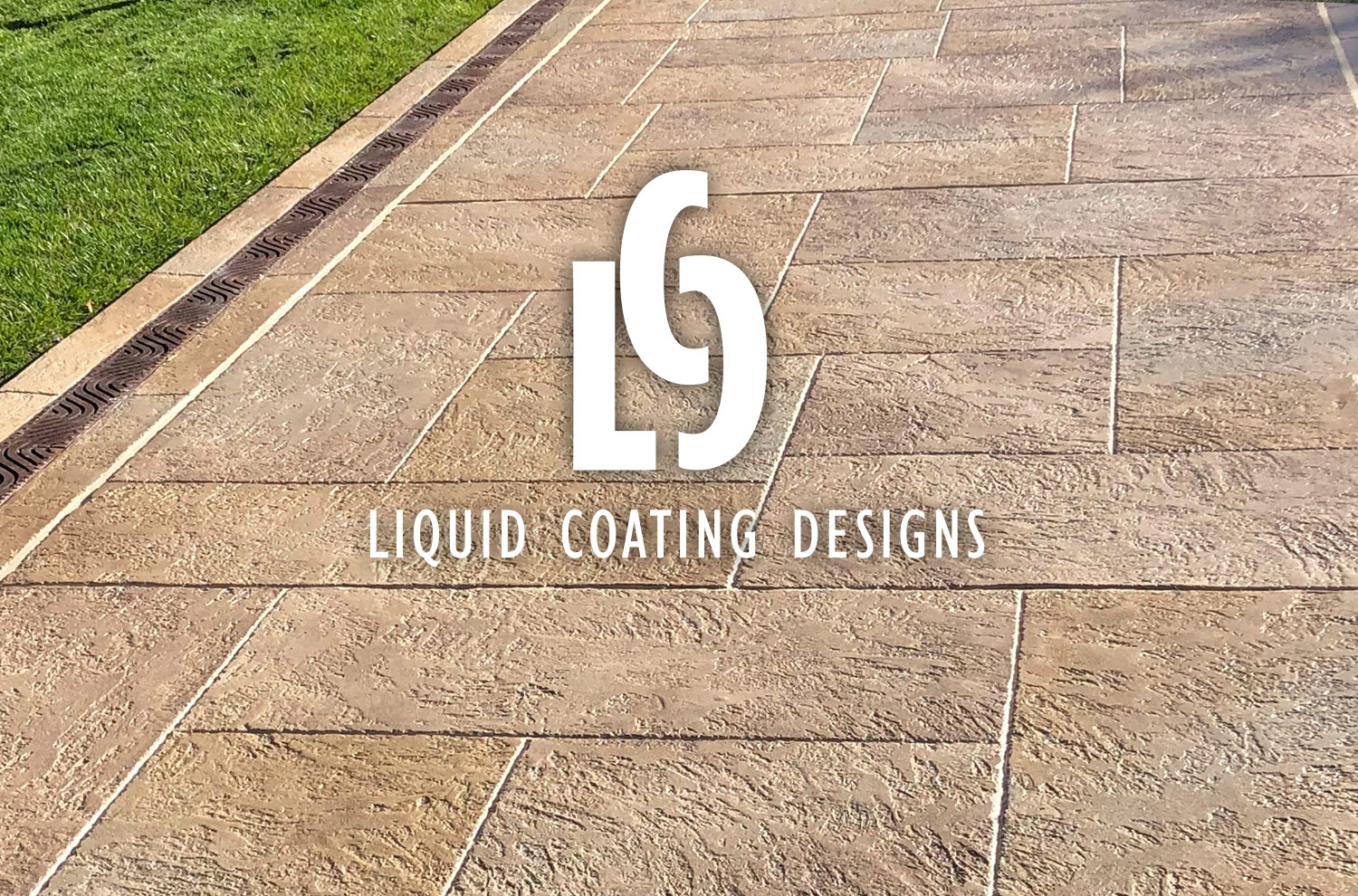 View of a concrete patio with the Liquid Coating Design logo