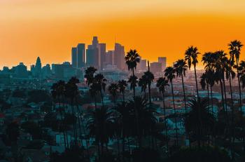 Sunset over a city with palm trees