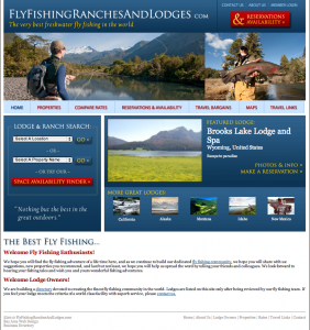 The website of Fly Fishing Ranches and Lodges, showing a person standing by a river holding a fishing pole