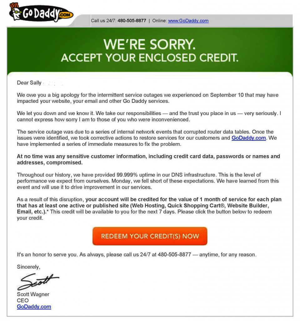 Screenshot of a GoDaddy outage notification
