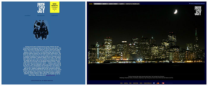 Pride & Joy's homepage: Before & after the re-design.