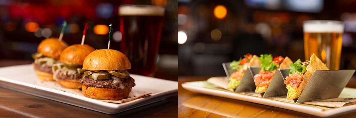 View of food from PT's Tavern, showing burgers and tacos