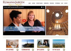 A collage of images on a website, showing two people relaxing on a couch, a spiral staircase, and several property listings