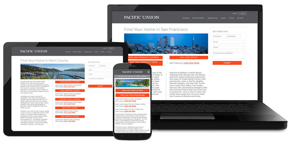 A phone, tablet, and laptop, displaying the website for Pacific Union