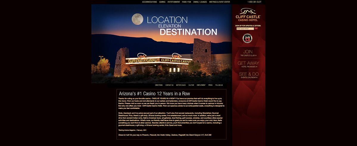 Screenshot of the website for Cliff Castle Casino