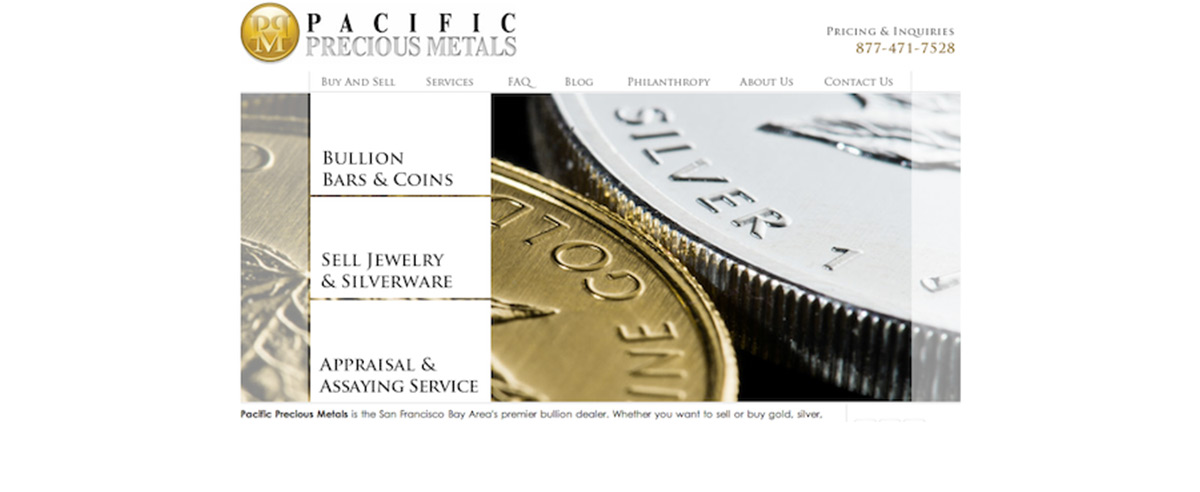 Two large coins cover the front page of the Pacific Precious Metals website