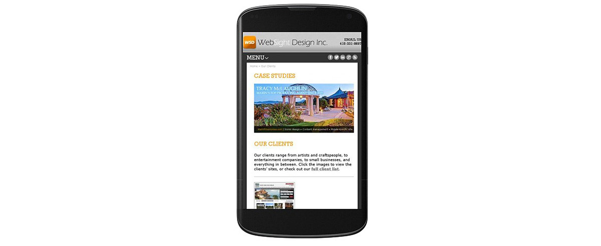 A mobile phone showing a WebSight Design's website