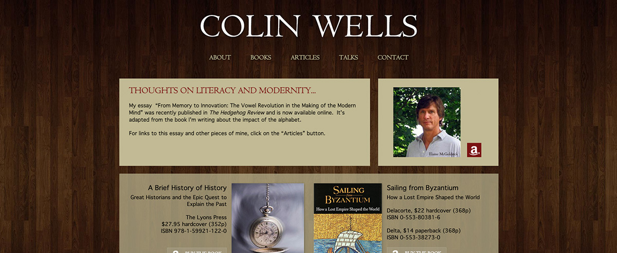 An image of Colin Wells on a website with a brown wooden background