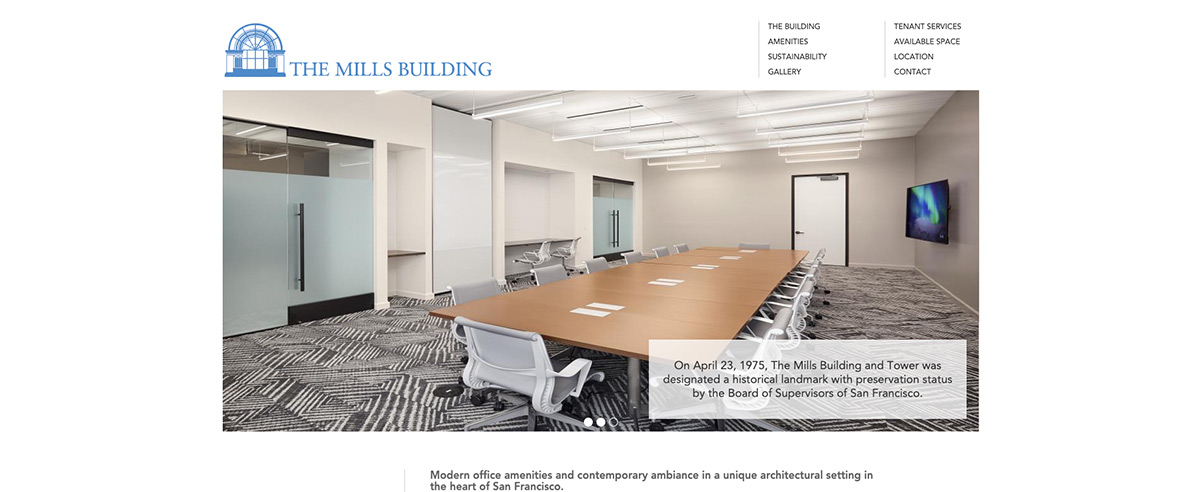 A view of a meeting room, featured on a the website for The Mills Building