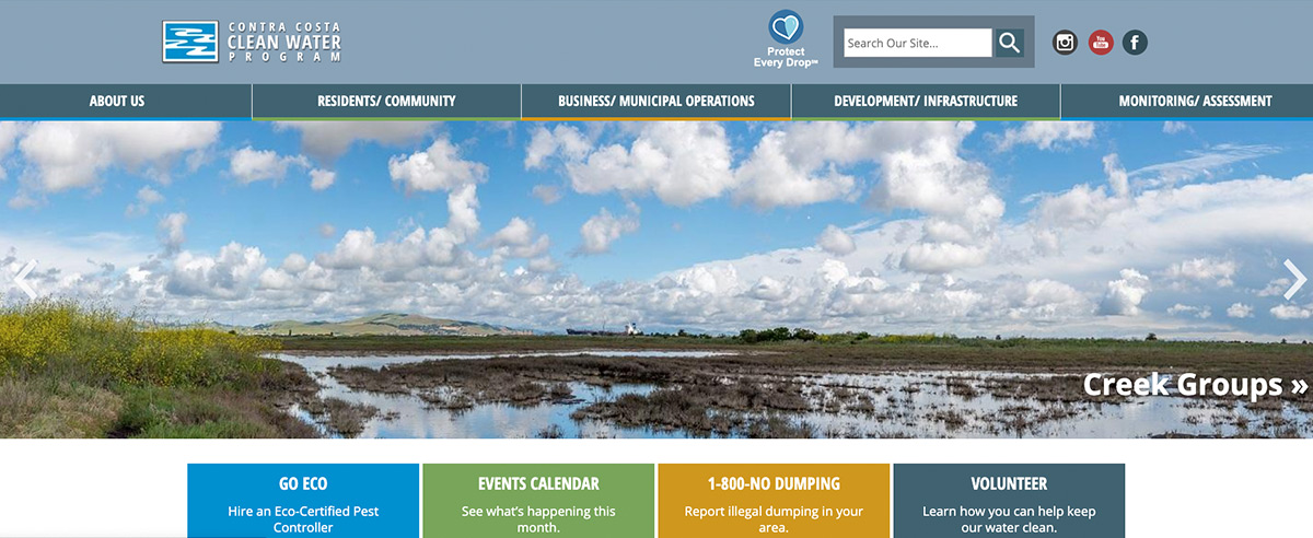 The home page to Contra Costa Clean Water's website, showing water and clouds