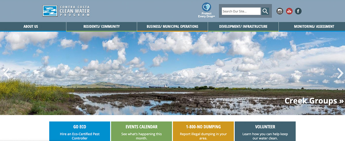 Image of The home page to Contra Costa Clean Water's website, showing water and clouds