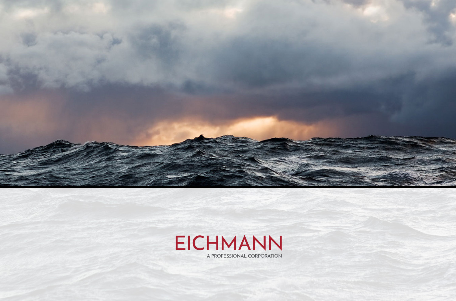 Image collage featuring a view of the sea with the sun shining through and a logo for Eichmann