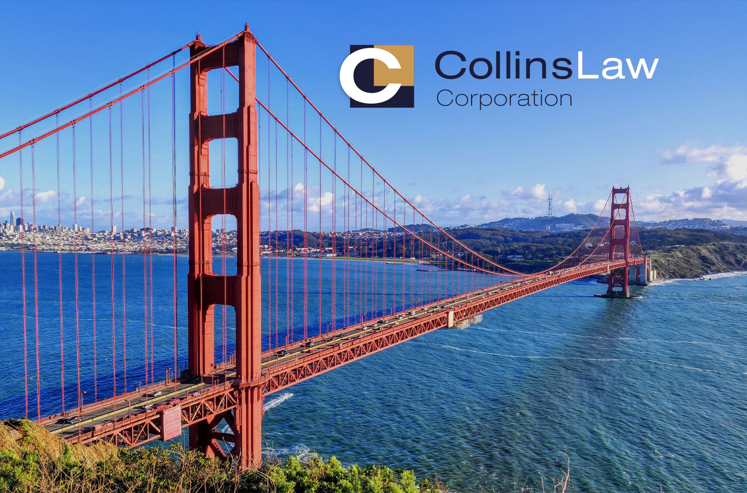 Image collage featuring the Collins Law logo and the Golden Gate Bridge