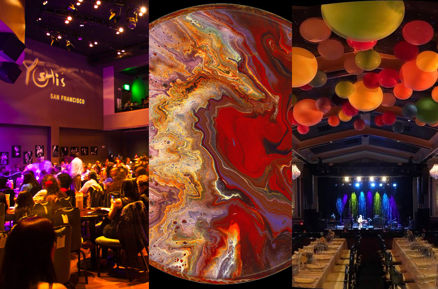 Collage showing Yoshi's, Mickey Hart's art, and the UC Theatre