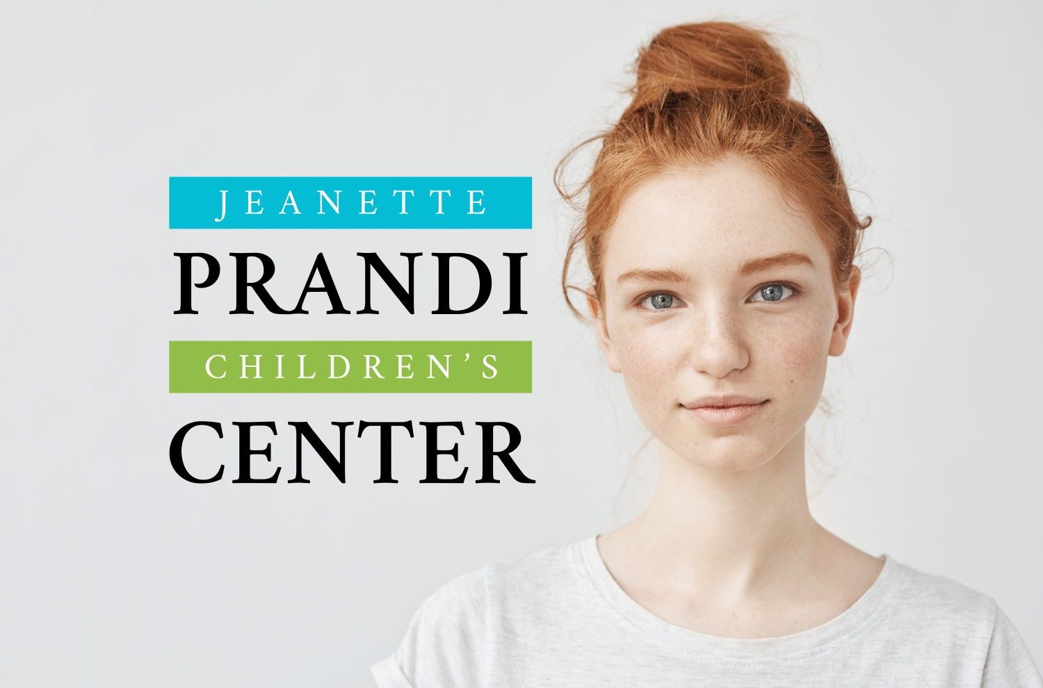 Prandi Center banner and girl with red hair. 