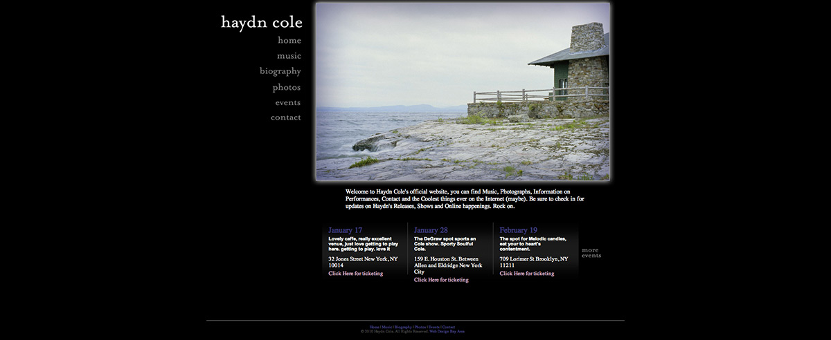 View of Haydn Cole's website, featuring a rocky beach