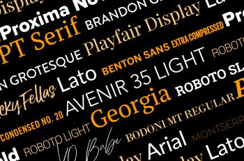 Collage of font types displayed in orange on a black background 