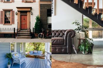 Collage showing a red front door, living area with a couch, and a porch with wicker swing